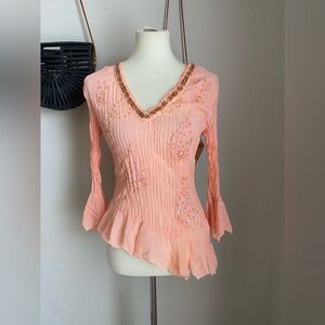 Kaelyn-Max Sheer Beige Crinkle Ruffle Blouse, Size Small